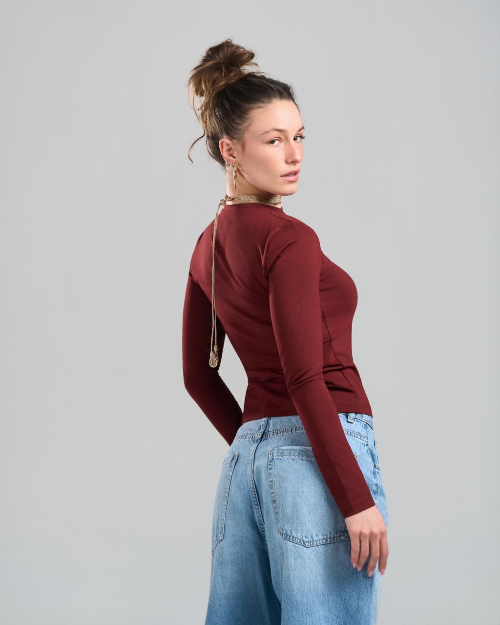 U-Neck Long Sleeve Burgundy Top