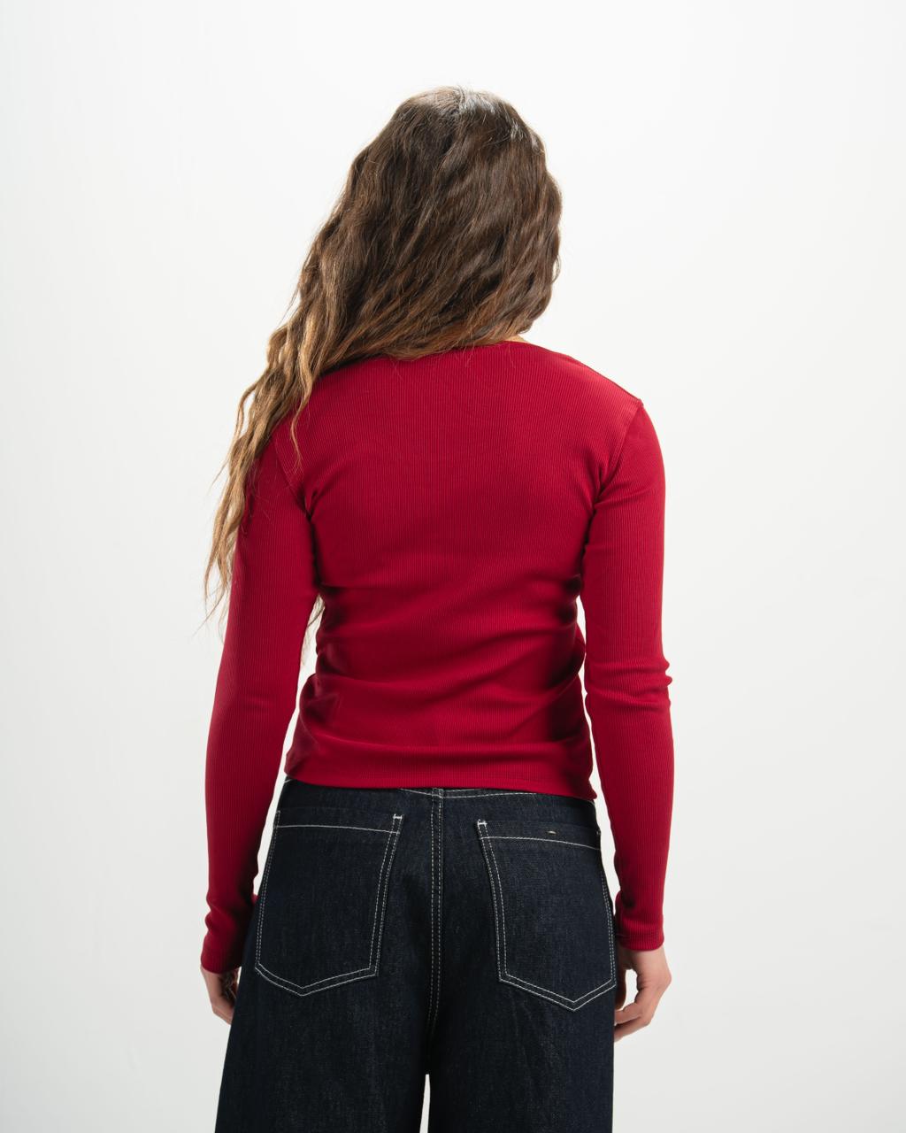 ribbed square neck red LS top