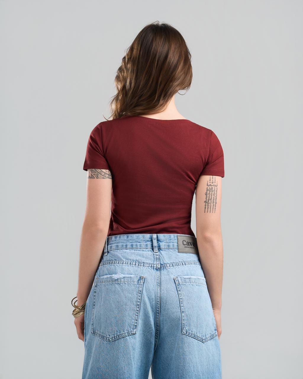 Round Short Sleeve Burgundy Top