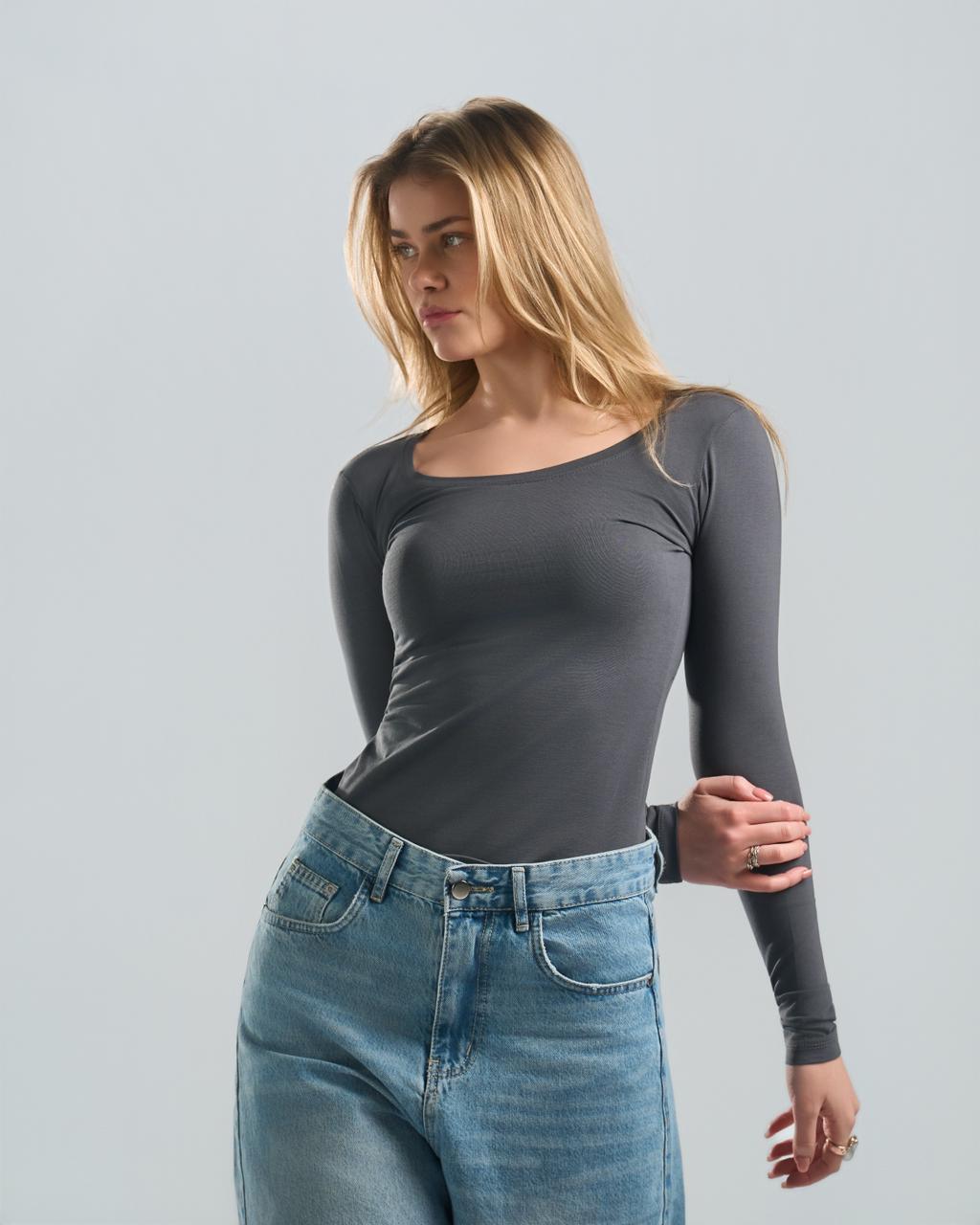 Round Long Sleeve DarkGrey Top