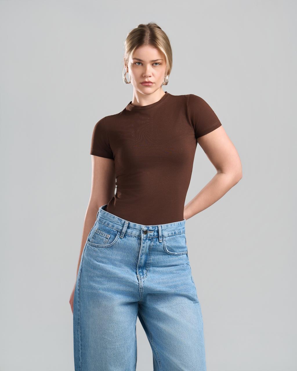 U-Neck Short Sleeve Brown Top