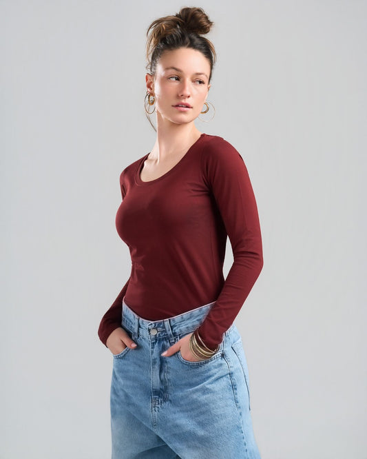 Round Long Sleeve Burgundy Top