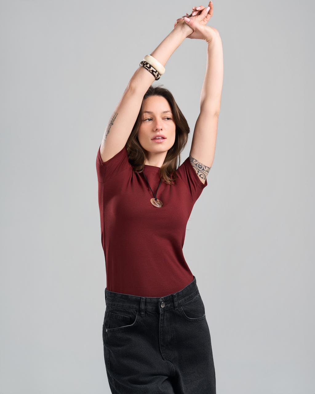 U-Neck Short Sleeve Burgundy Top