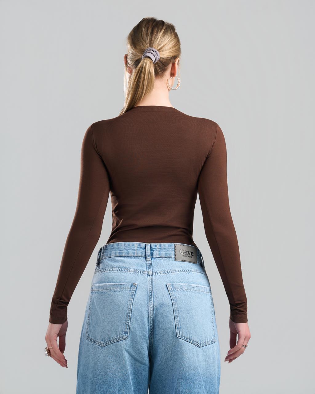 U-Neck Long Sleeve Brown Top