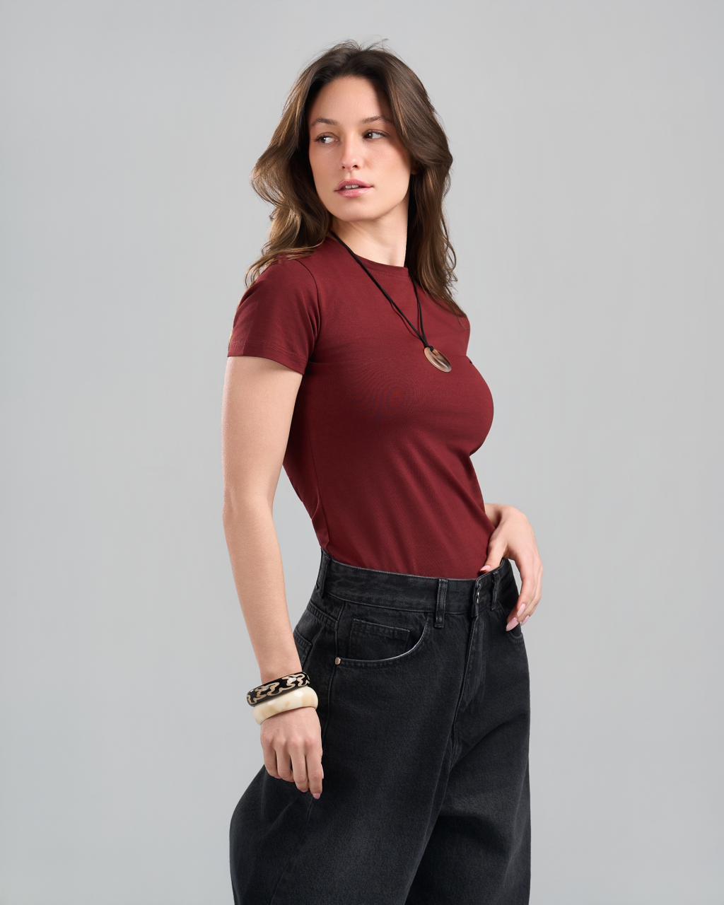 U-Neck Short Sleeve Burgundy Top