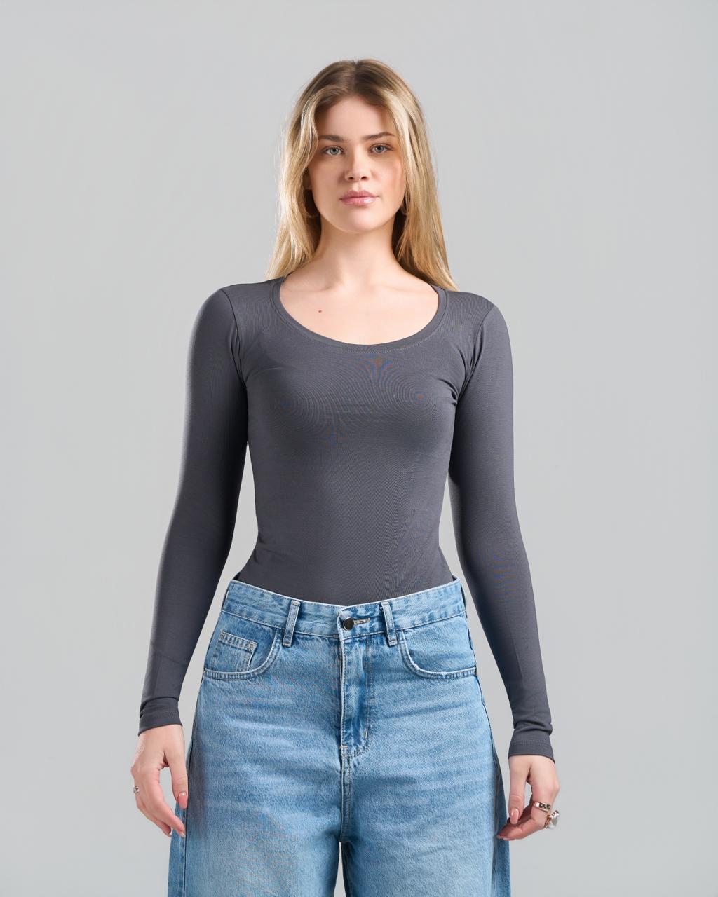 Round Long Sleeve DarkGrey Top