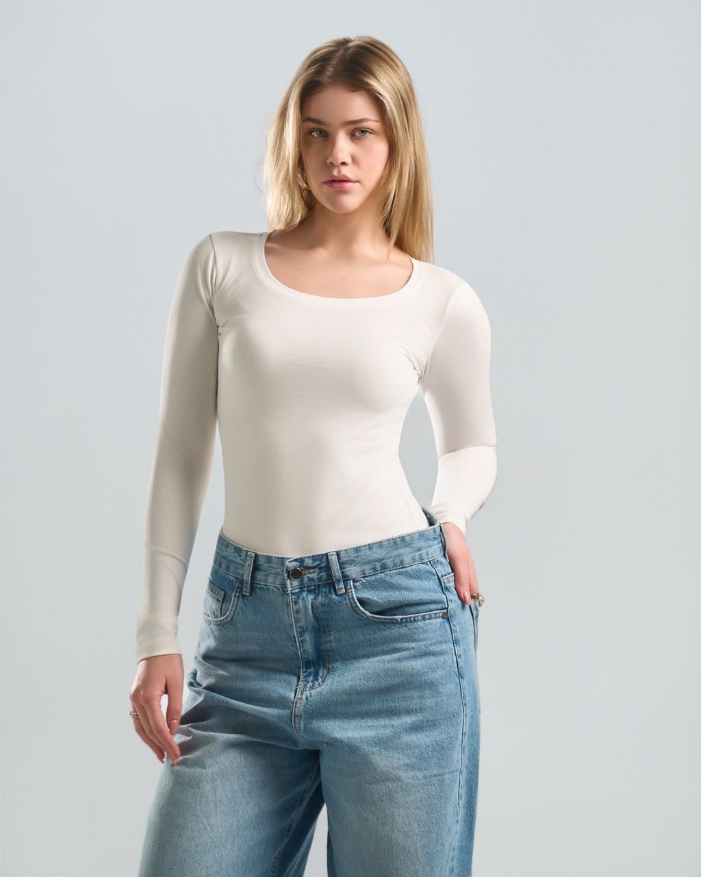 Round Long Sleeve White Top