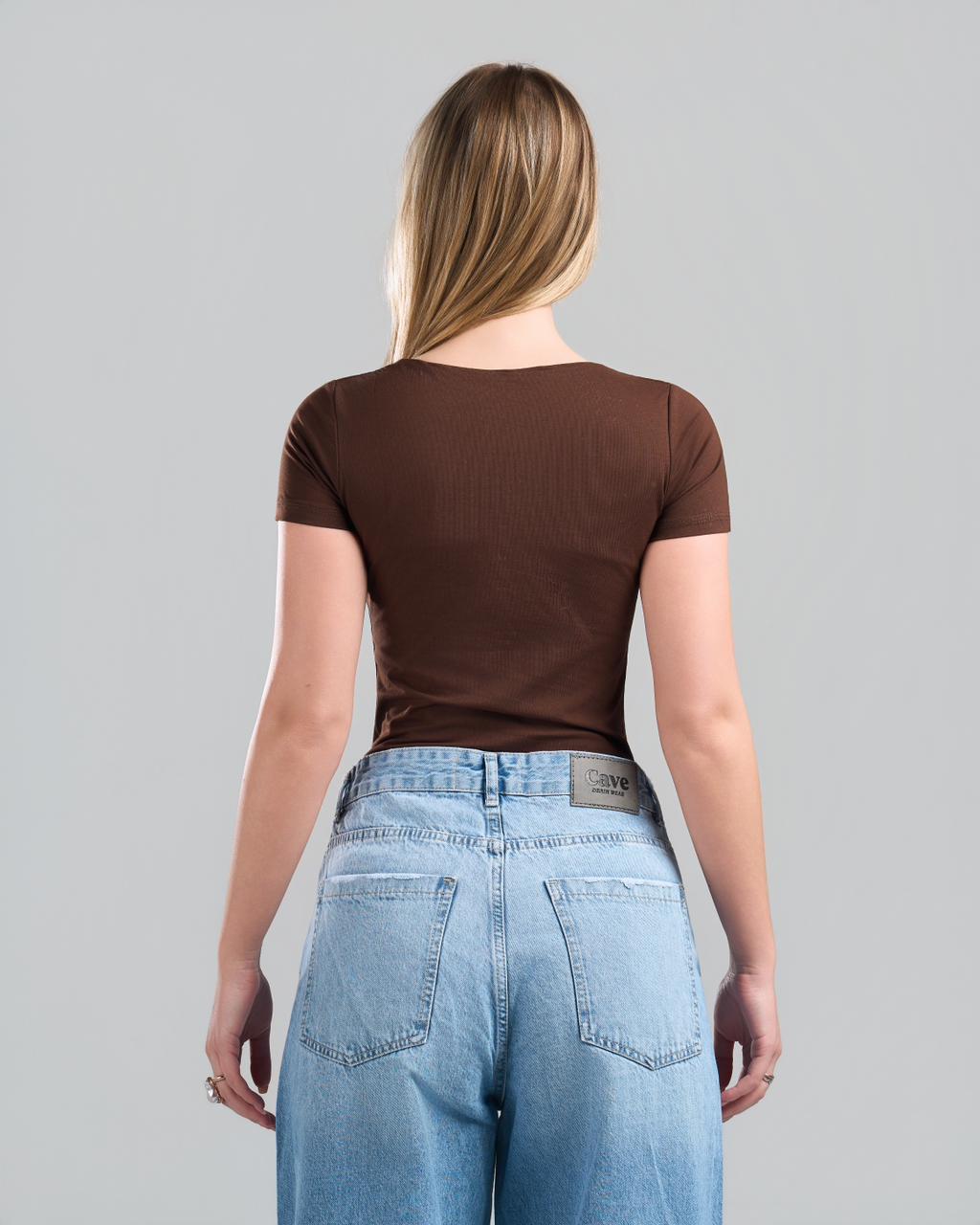 Round Short Sleeve Brown Top