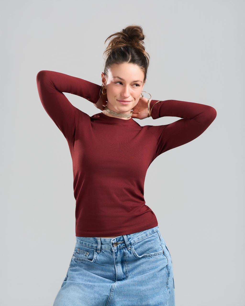 U-Neck Long Sleeve Burgundy Top