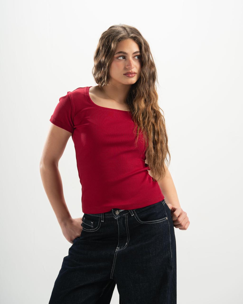 ribbed square neck red SS top