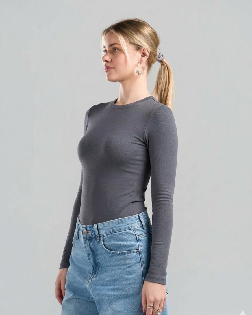 U-Neck Long Sleeve Darkgrey Top